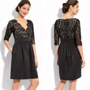 Eliza J black eyelash lace half sleeve faux wrap V-neck dress pockets